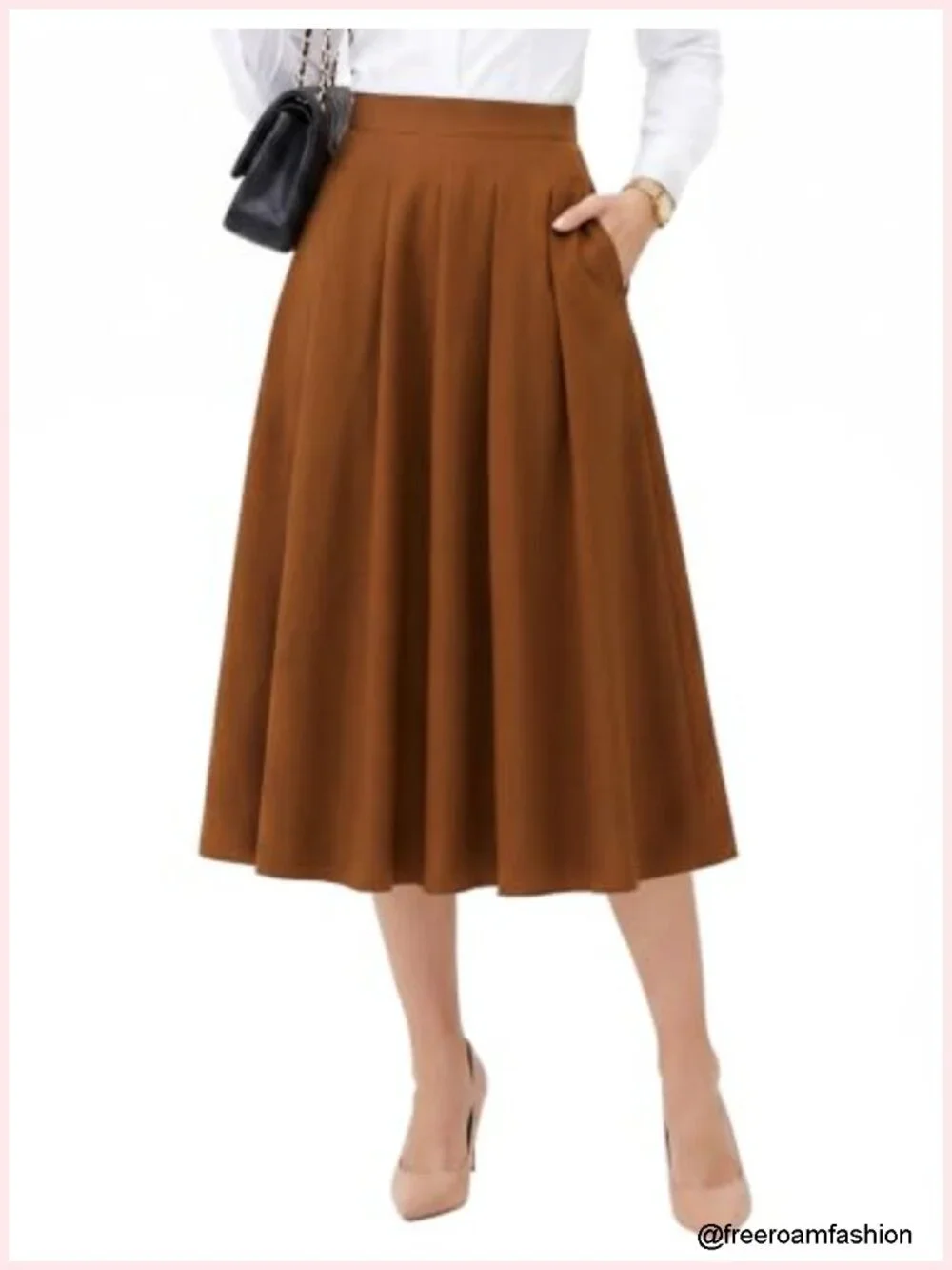 Women's Pleated Midi Skirt High Waist A-Line Work Skirt with Pockets